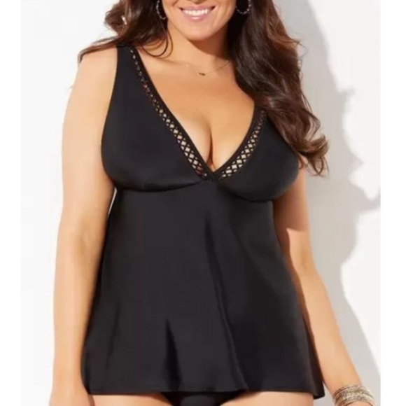 Swimsuits For All Plunge Vneck Lattice Tankini Top Flattering Size 12 black - Picture 1 of 5